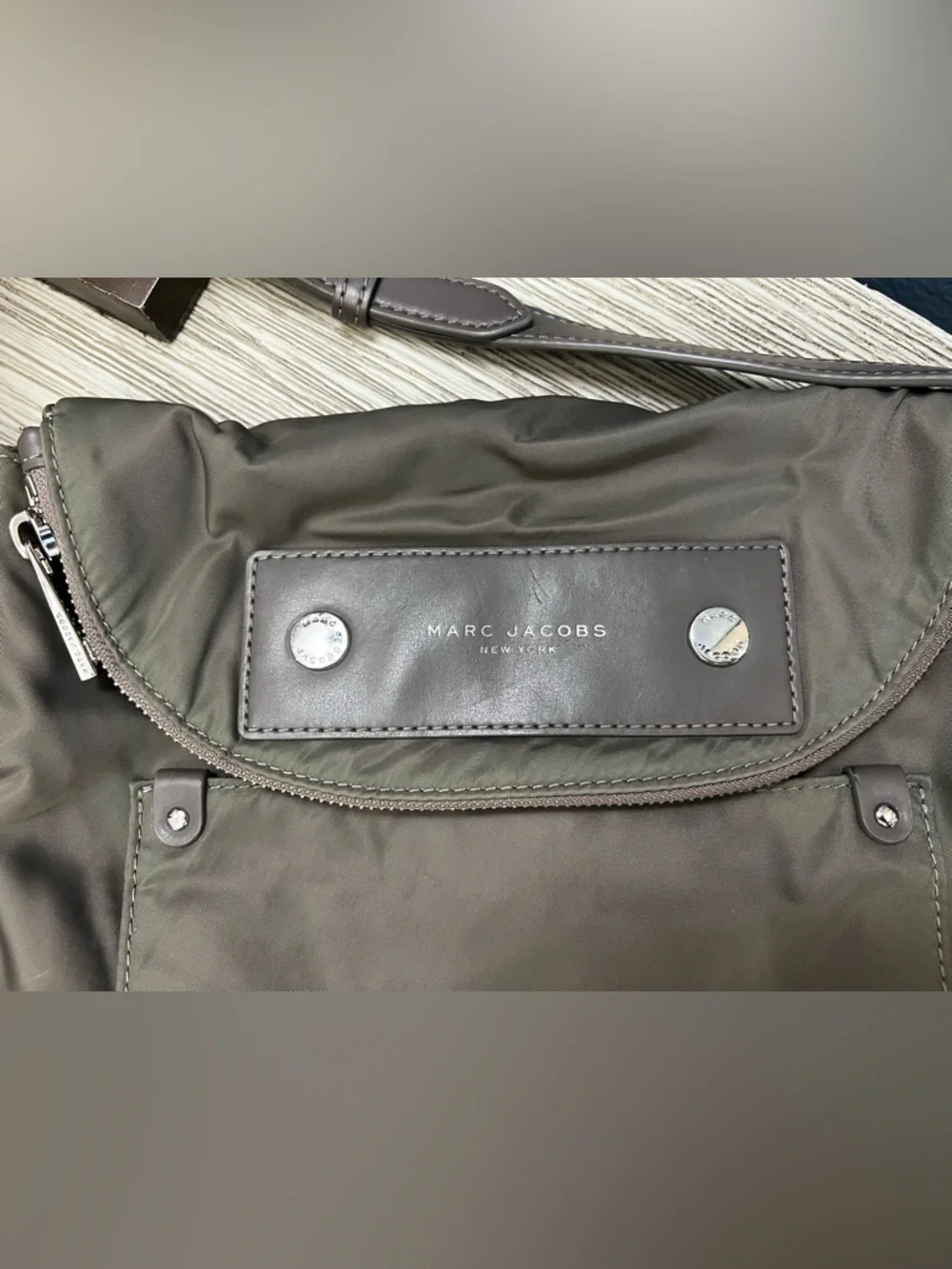 Marc Jacobs Olive Nylon Messenger Bag with Taupe Leather Trim